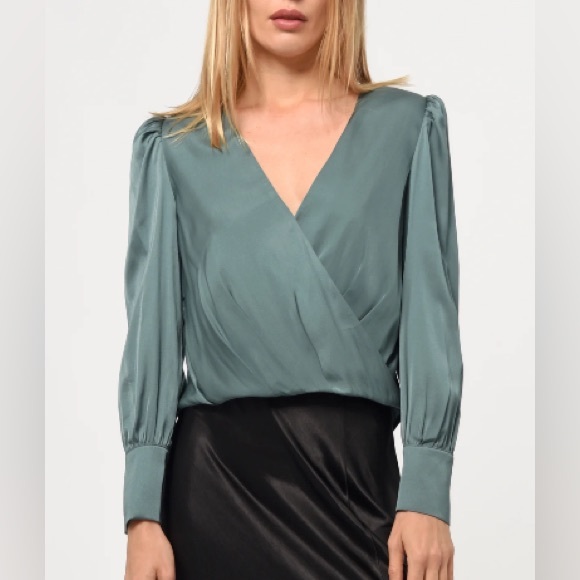 [greylin] lourdes wrap front button cuff blouse deep sage S
